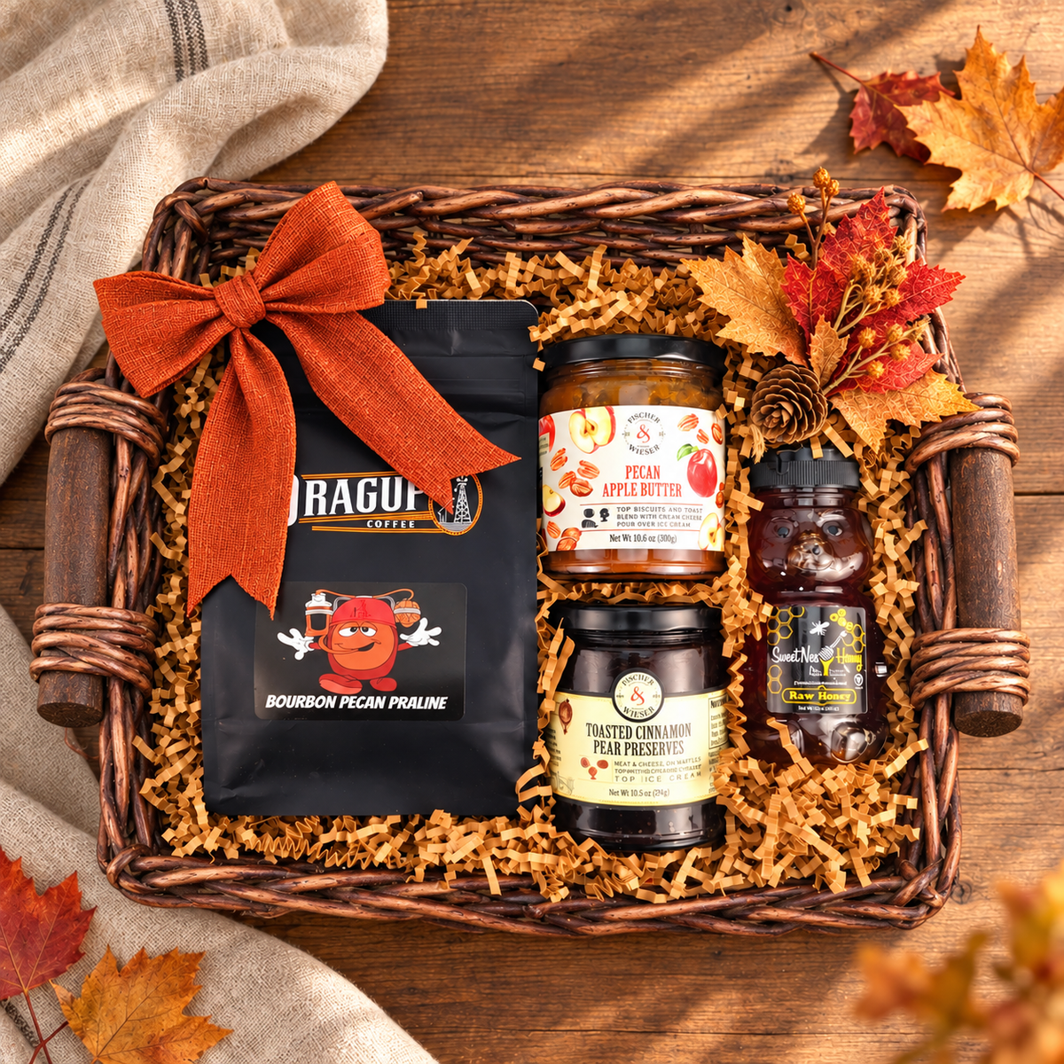 Autumn Mornings with four foods in brown square willow tray with wooden ear handles