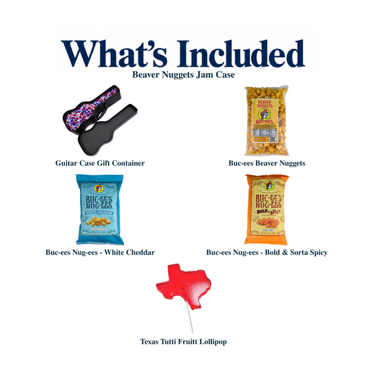 What's included in Beaver Nuggets Jam Case: each included item individually labeled.