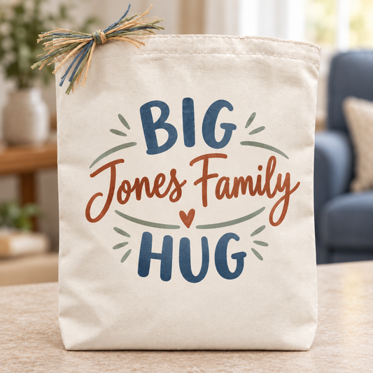 Cream canvas Big Custom Hug gift tote, Cozy Embrace Edition, personalized with the sample name Jones Family.