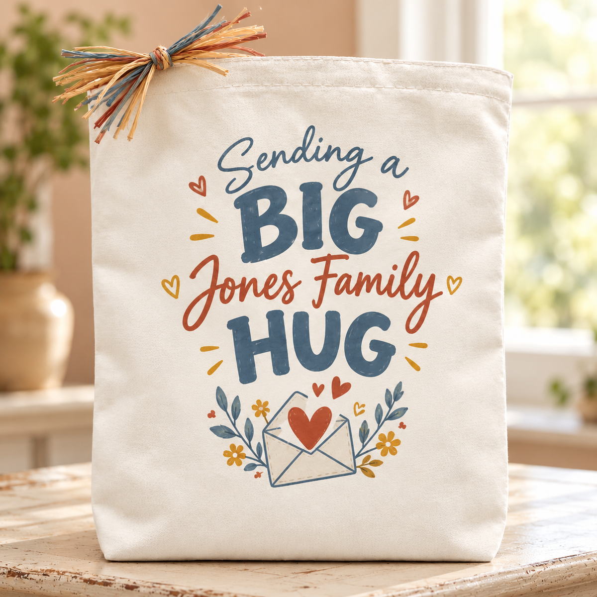 Cream canvas Big Custom Hug gift tote, Happy Mail Edition, personalized with the sample name Jones Family.