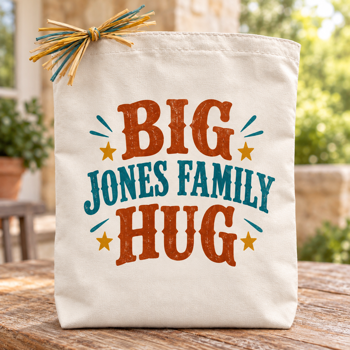 Cream canvas Big Custom Hug gift tote, Western Star Edition, personalized with the sample name Jones Family.