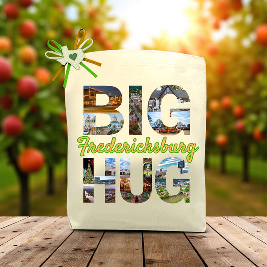 Canvas tote bag with the phrase “Big Fredericksburg Hug,” styled with a Texas-themed design, perfect for filling with customizable snacks, treats, and thoughtful gifts.