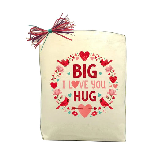 Big I Love You Hug canvas gift tote featuring a heart-filled design, perfect for thoughtful Texas gifts and curated artisan arrangements.