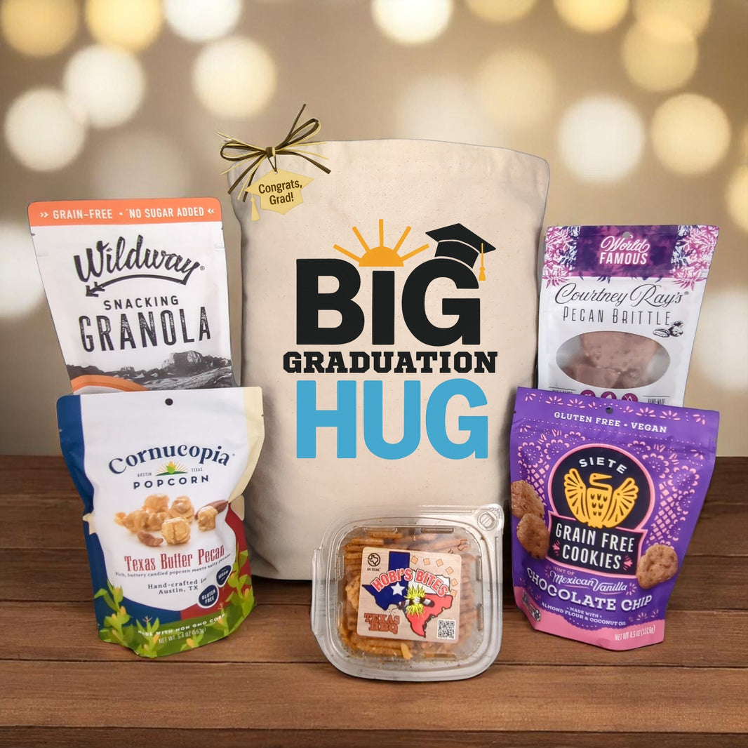 big graduation hug gift tote with sweet and savory snacks 