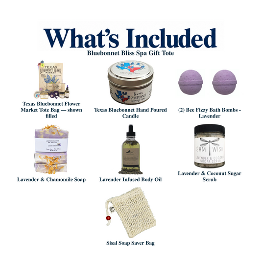 What's included in Bluebonnet Bliss Spa Gift Tote: each included item individually labeled.