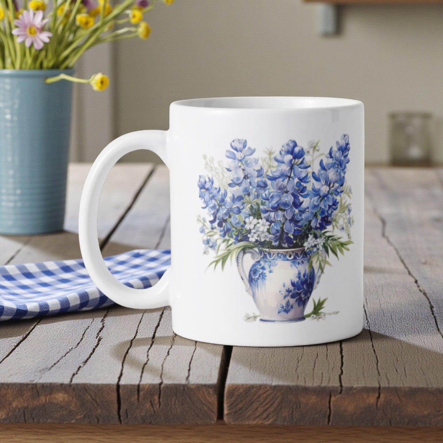 Bluebonnet Heirloom 15oz ceramic mug showcasing a classic Texas bluebonnet design, presented as a Texas Gift Baskets storefront item