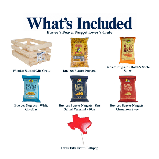What's included in Buc-ee’s Beaver Nugget Lover’s Crate: each included item individually labeled.