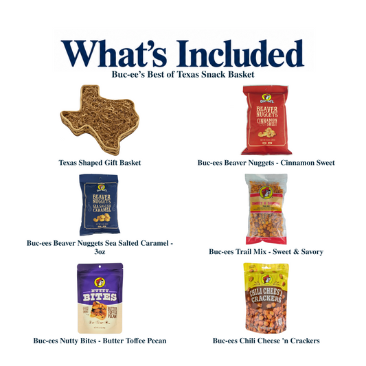 What's included in Buc-ee’s Best of Texas Snack Basket: the gift container and each included product, individually labeled.