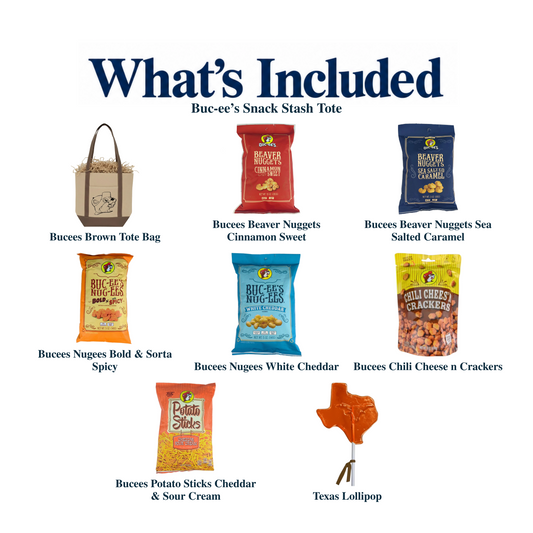 What's included in Buc-ee’s Snack Stash Tote: the gift container and each included product, individually labeled.
