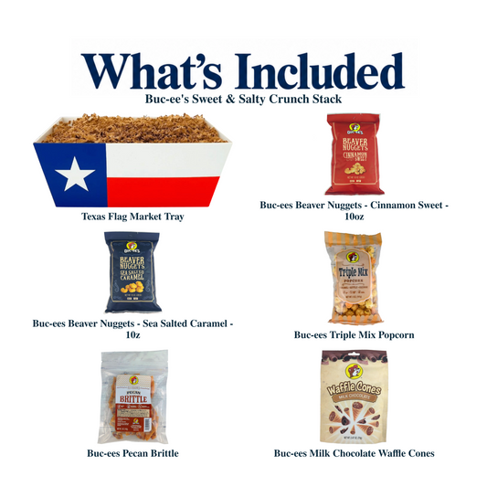 What's included in Buc-ee's Sweet & Salty Crunch Stack: the gift container and each included product, individually labeled.