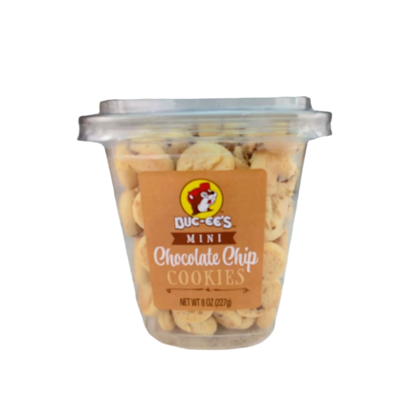 a tub of 8 ounces of buc-ees mini chocolate chip cookies 