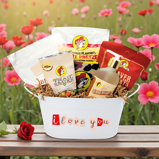 Buc-ee My Valentine gift item featuring the iconic Buc-ee’s beaver in a Valentine-themed design, displayed for the Texas Gift Baskets storefront