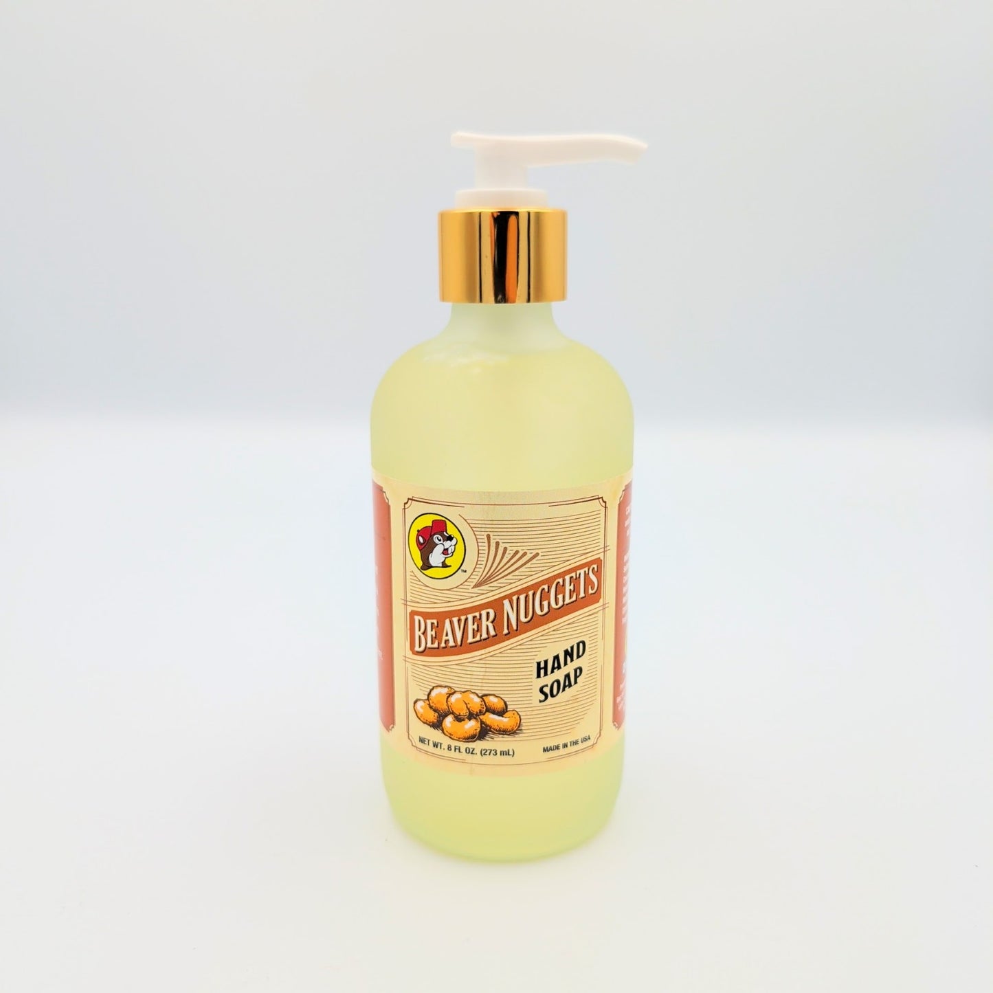 Buc-ee’s Beaver Nuggets hand soap bottle featuring signature Buc-ee’s branding, styled for a Texas Gift Baskets product display