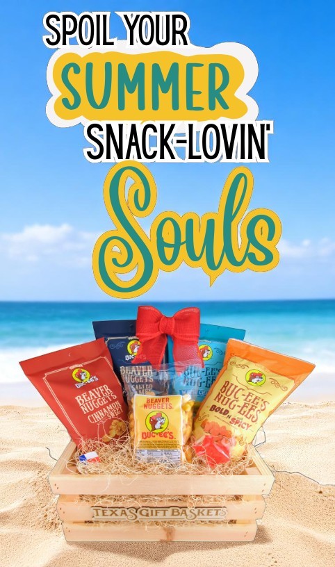 a crate filled with five buc-ees snack products sitting on a beach