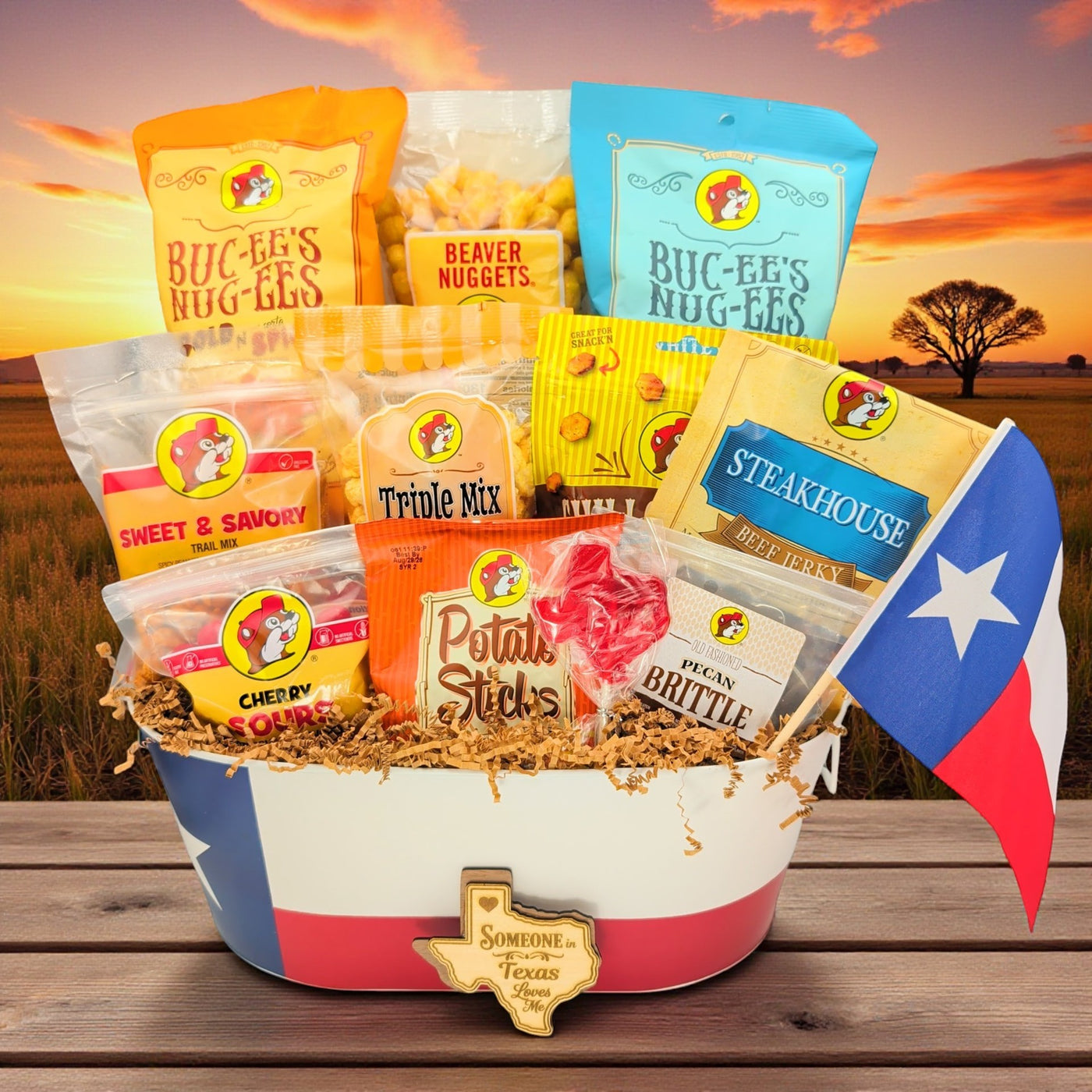 Buc-ee’s Super Snack Stack arranged as a premium Texas gift