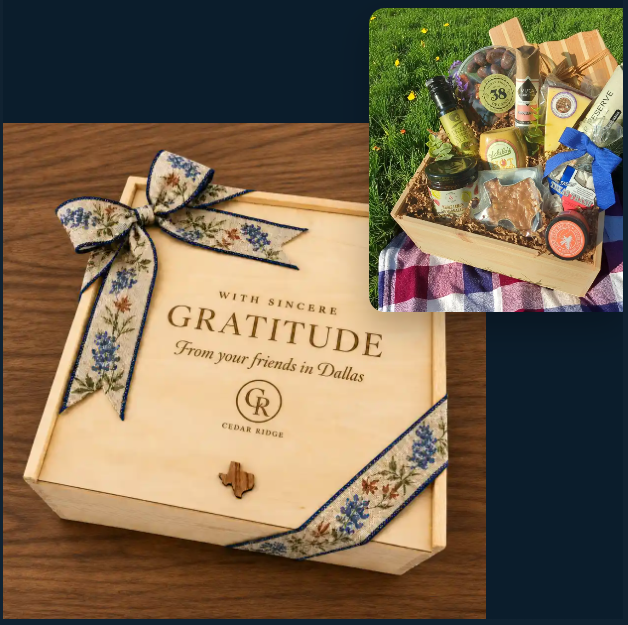 Fictional Cedar Ridge branded wooden appreciation gift box with Dallas engraving