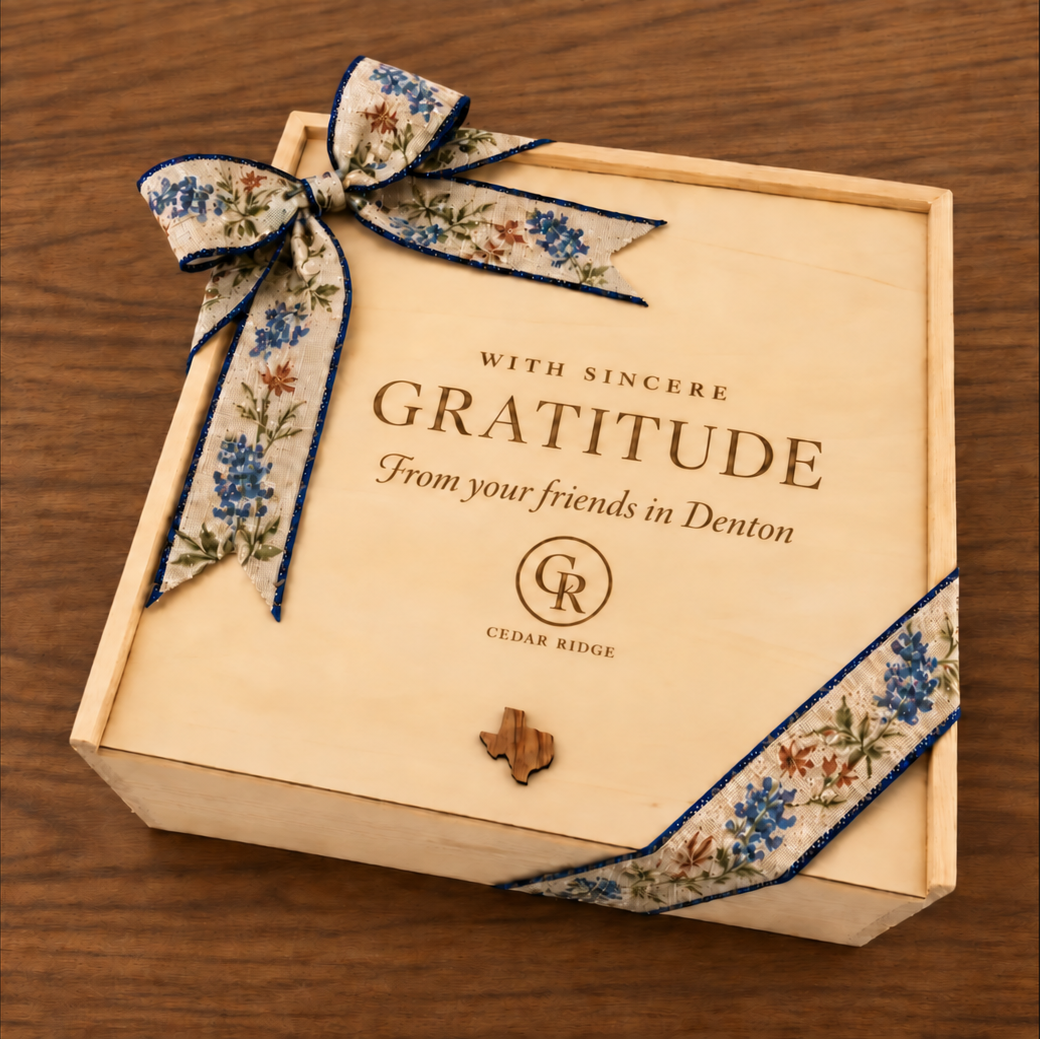 Cedar Ridge wooden corporate gift box engraved With Sincere Gratitude from your friends in Denton and tied with a bluebonnet ribbon