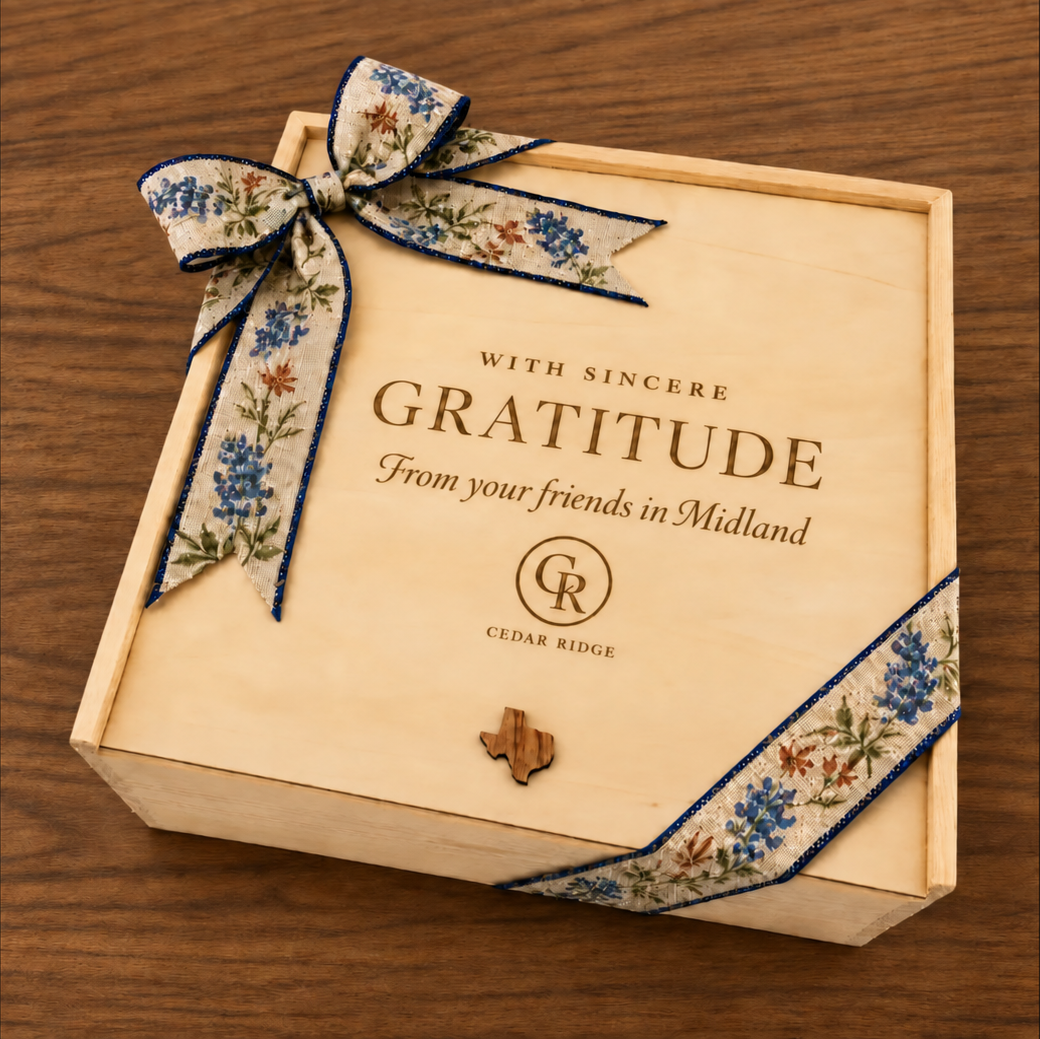 Cedar Ridge wooden corporate gift box engraved With Sincere Gratitude from your friends in Midland and tied with a bluebonnet ribbon