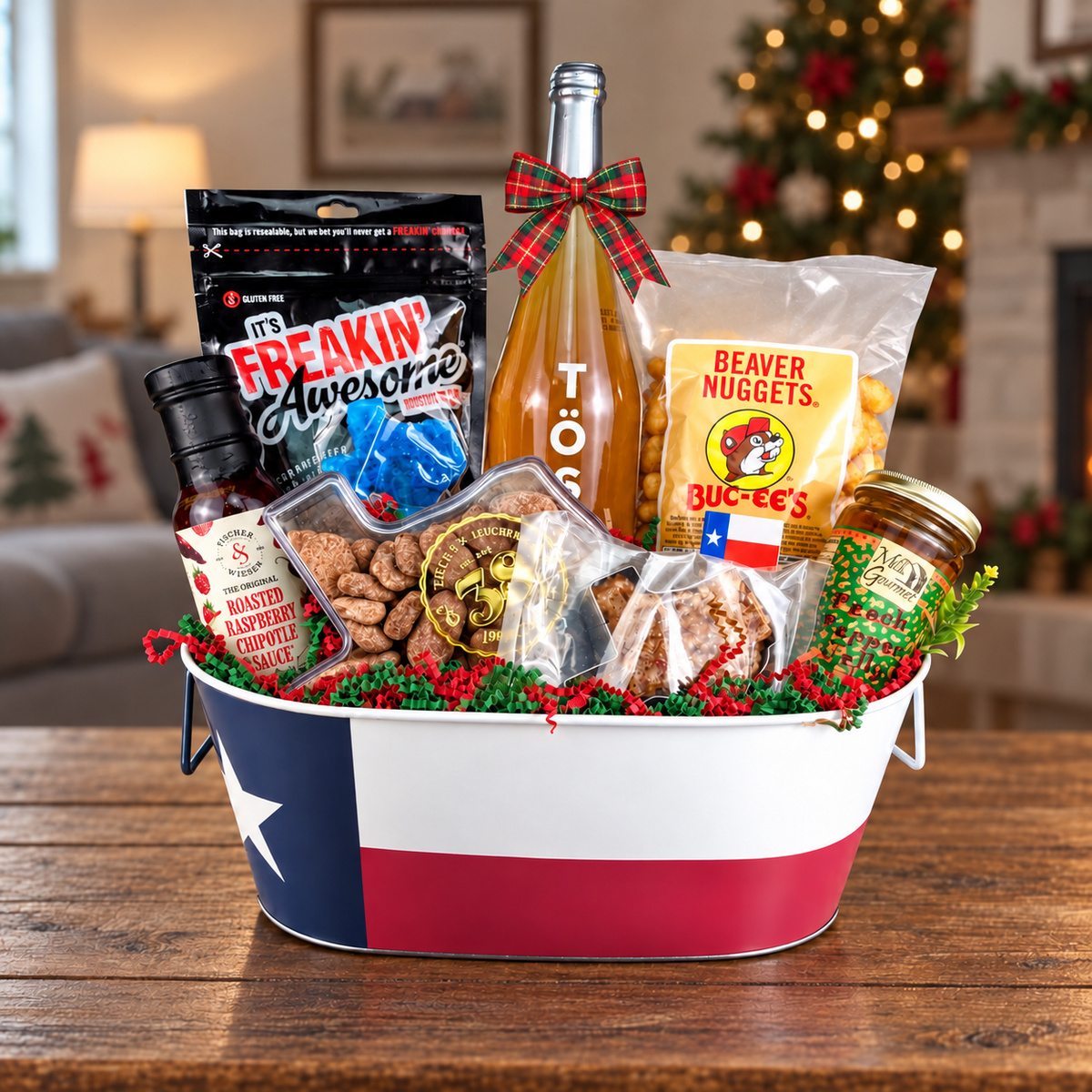 Cheers to a Texas Christmas — Christmas ribbon and red-and-green shred