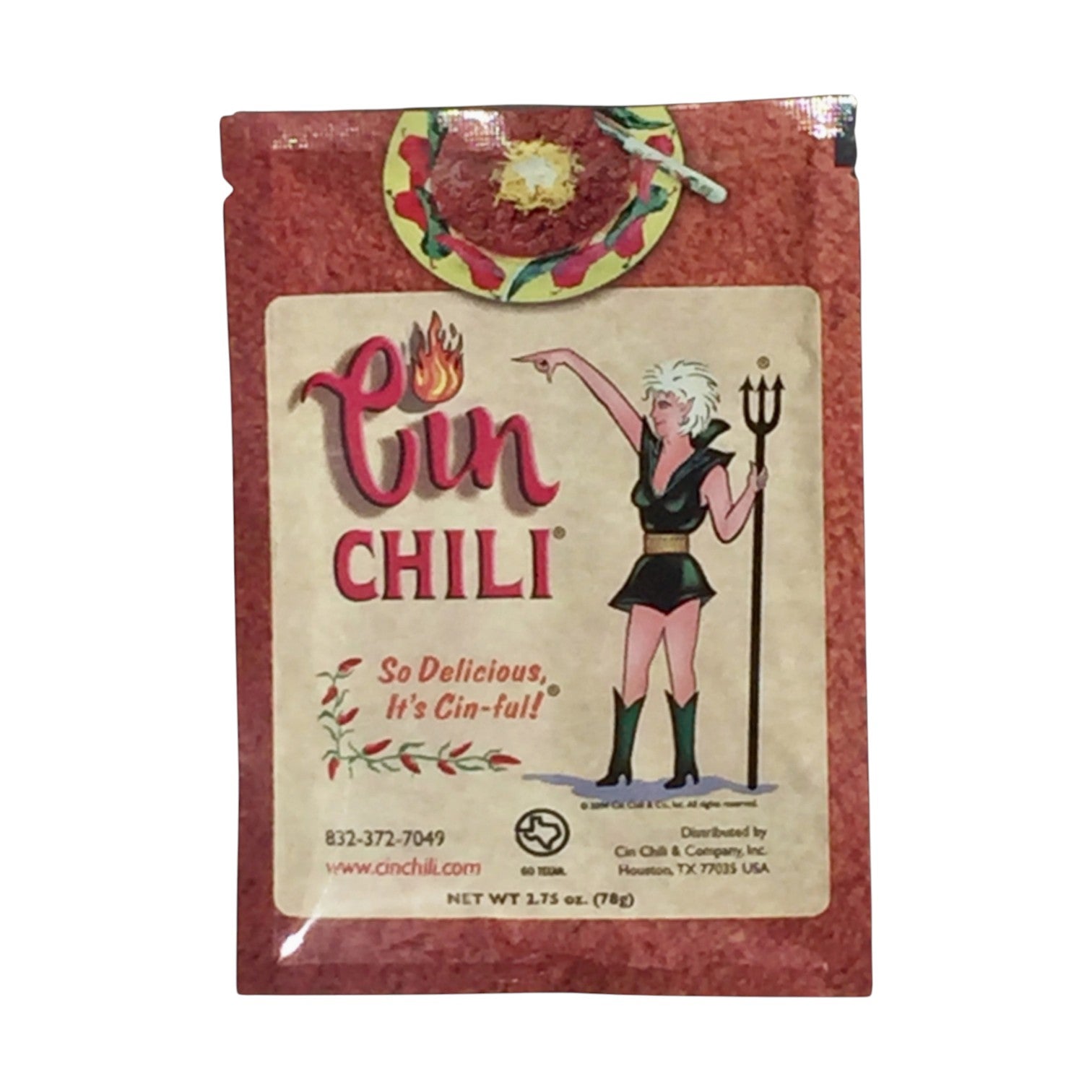 Resealable pouch of Cin Chili seasoning with a vintage-style label featuring a devil woman holding a trident, the text “Cin Chili,” and the slogan “So Delicious, It’s Cin-ful!”, photographed on a white background
