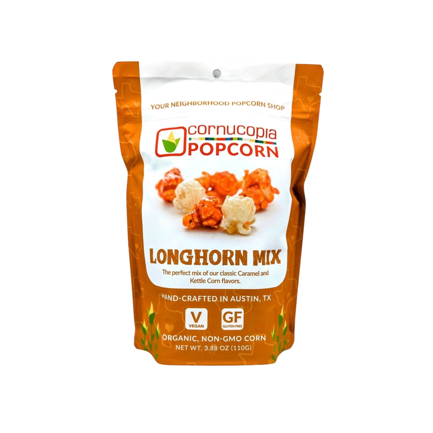 Bag of Cornucopia Popcorn Longhorn Mix featuring caramel and kettle corn, hand-crafted in Austin, Texas