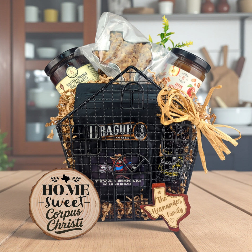 Corpus Christi Housewarming Basket with Texas-made treats and personalized keepsakes