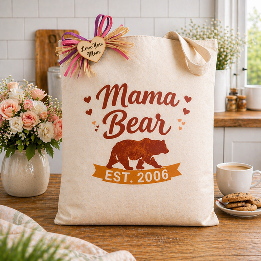 Natural fabric tote bag featuring a “Mama Bear Est. 2006” print with a bear illustration and small hearts, displayed on a rustic kitchen table with flowers, coffee cup, and cookies