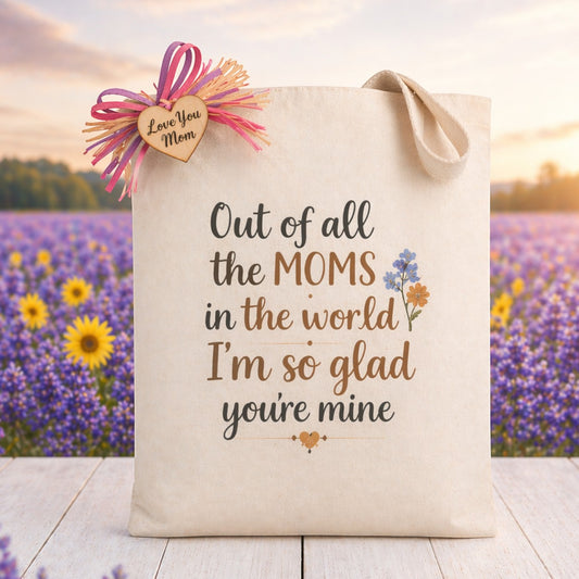 Eco-friendly canvas tote bag featuring a sentimental mom quote with floral accents and heart charm, set against a scenic lavender and sunflower field