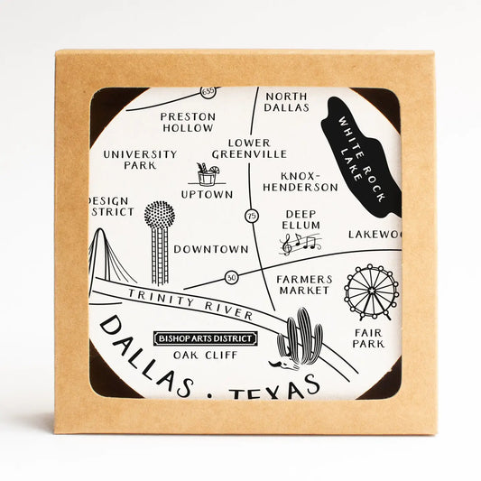 Dallas Neighborhoods Map Coaster Set showing labeled Dallas neighborhoods, styled as a Texas-themed home gift on the Texas Gift Baskets storefront
