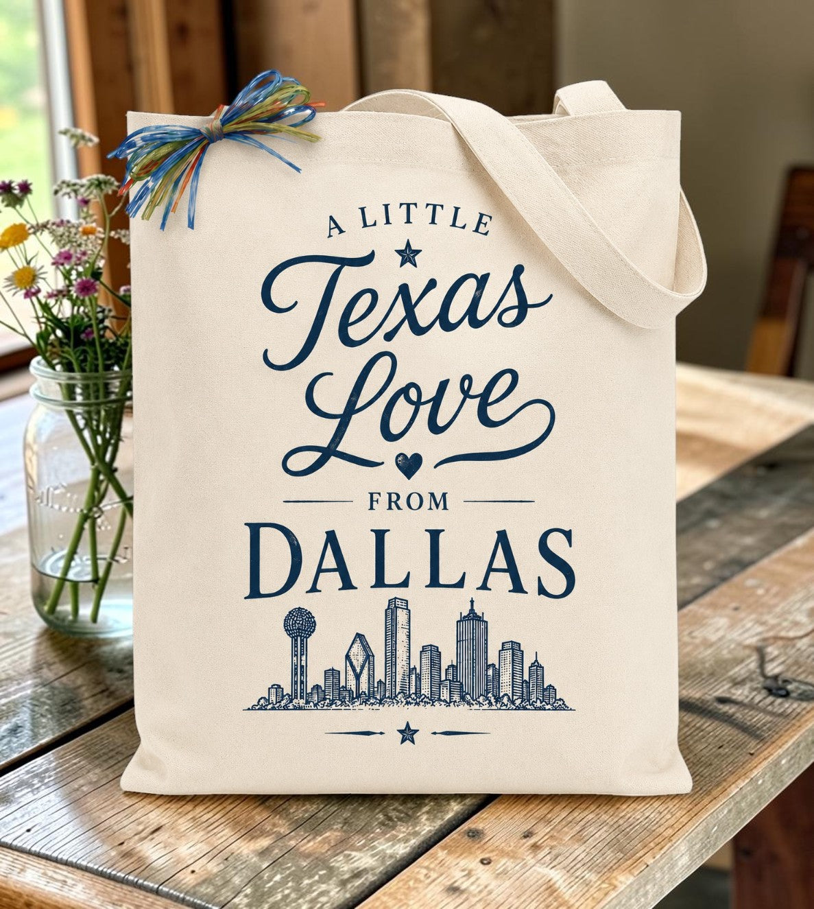 Canvas tote featuring the "A Little Texas Love from Dallas" message and iconic Dallas skyline, styled as a reusable Texas gift bag on a rustic tabletop.