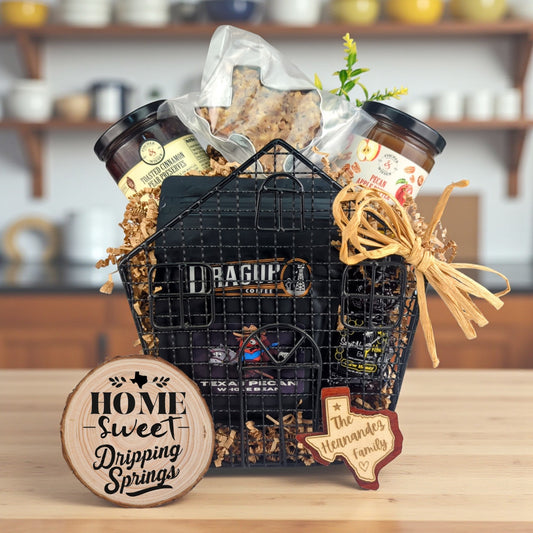 Dripping Springs Home Gatherings gift basket with Texas-made treats and personalized keepsakes