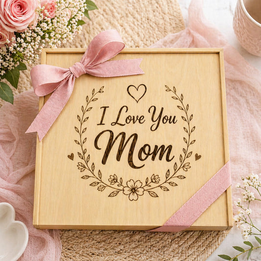 Elegant wooden gift box engraved with “I Love You Mom” surrounded by floral details, decorated with a pink ribbon and styled with flowers on a textured surface