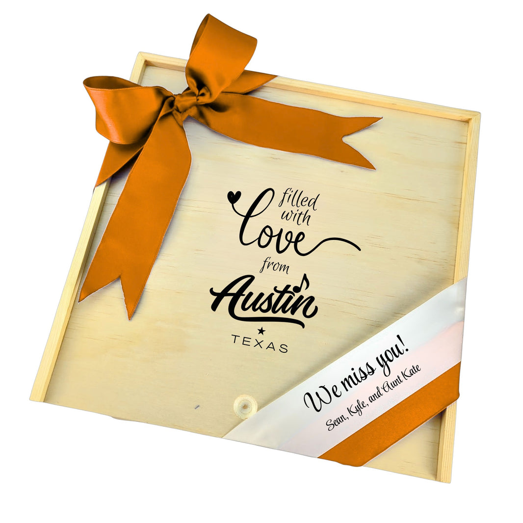 Filled With Love from Austin wooden gift box with Texas-inspired design, perfect for gifting or keepsakes.