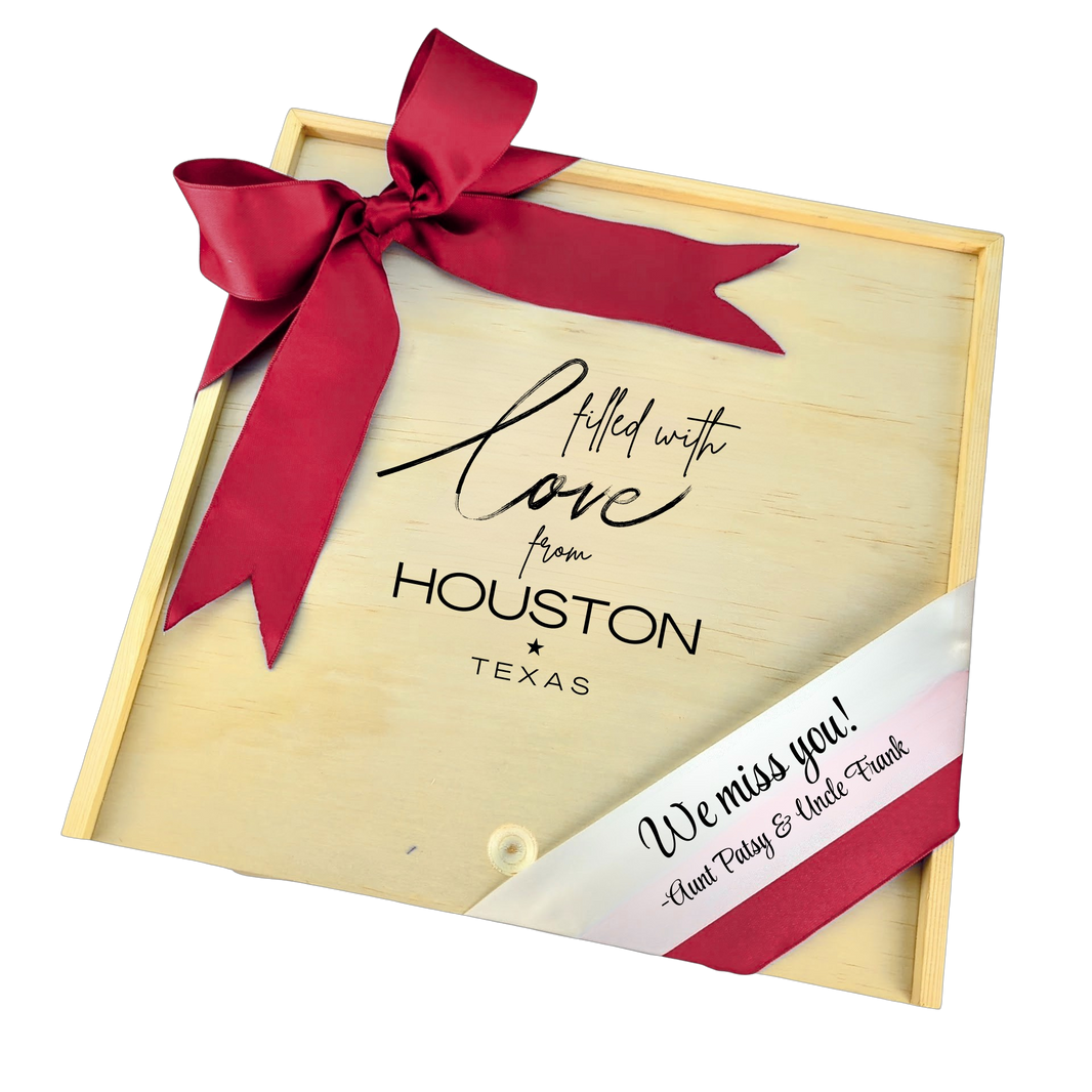 Filled With Love from Houston wooden gift box with Texas-inspired design, perfect for gifting or keepsakes.