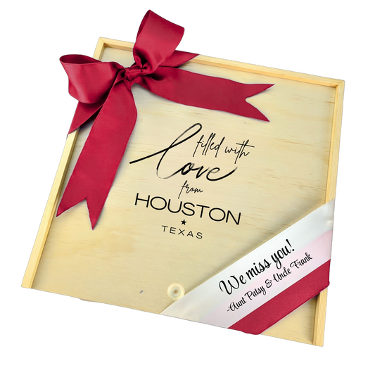 Filled With Love from Houston wooden gift box with Texas-inspired design, perfect for gifting or keepsakes.
