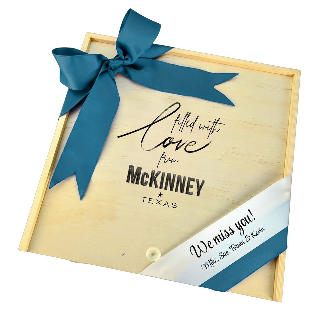 Filled With Love from McKinney wooden gift box with Texas-inspired design, perfect for gifting or keepsakes.