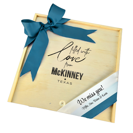 Filled With Love from McKinney wooden gift box with Texas-inspired design, perfect for gifting or keepsakes.