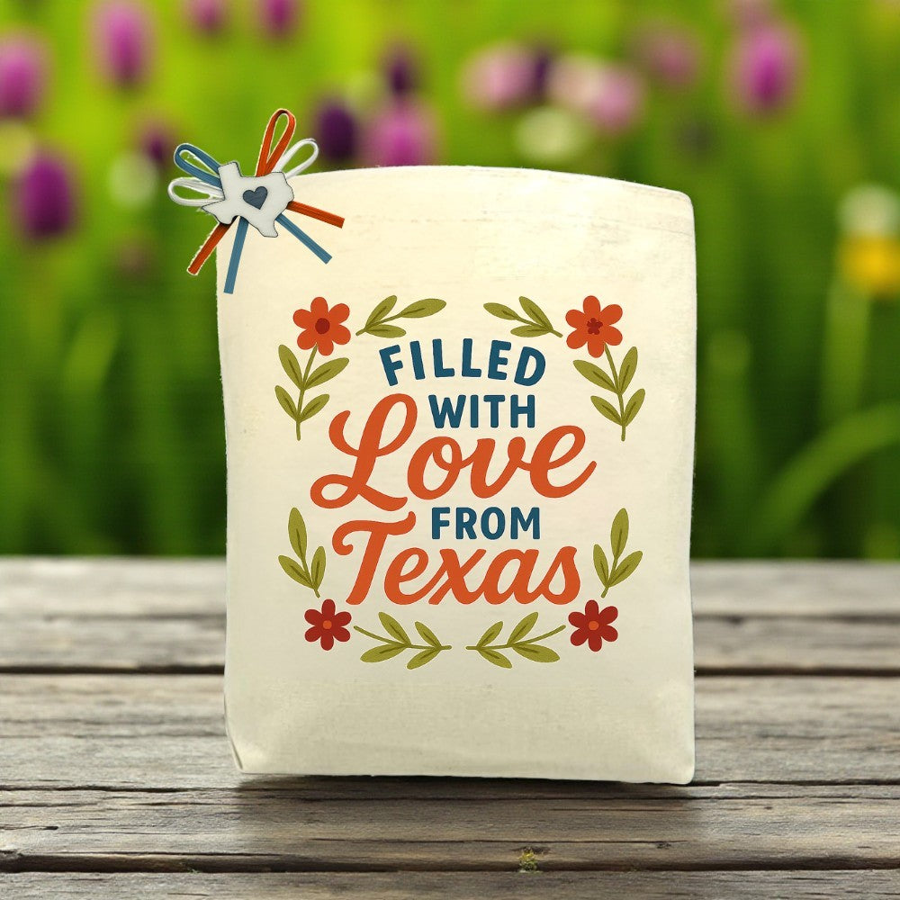 Canvas tote bag with the phrase “Filled With Love from Texas – Blooming Edition,” styled with a floral design, perfect for filling with customizable Texas snacks and treats.