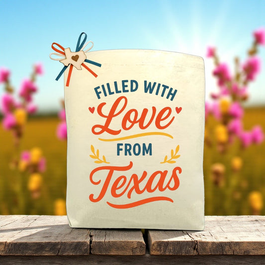 Canvas tote bag with the phrase “Filled With Love from Texas – Heartfelt Edition,” perfect for filling with customizable Texas snacks, artisan treats, and extras.