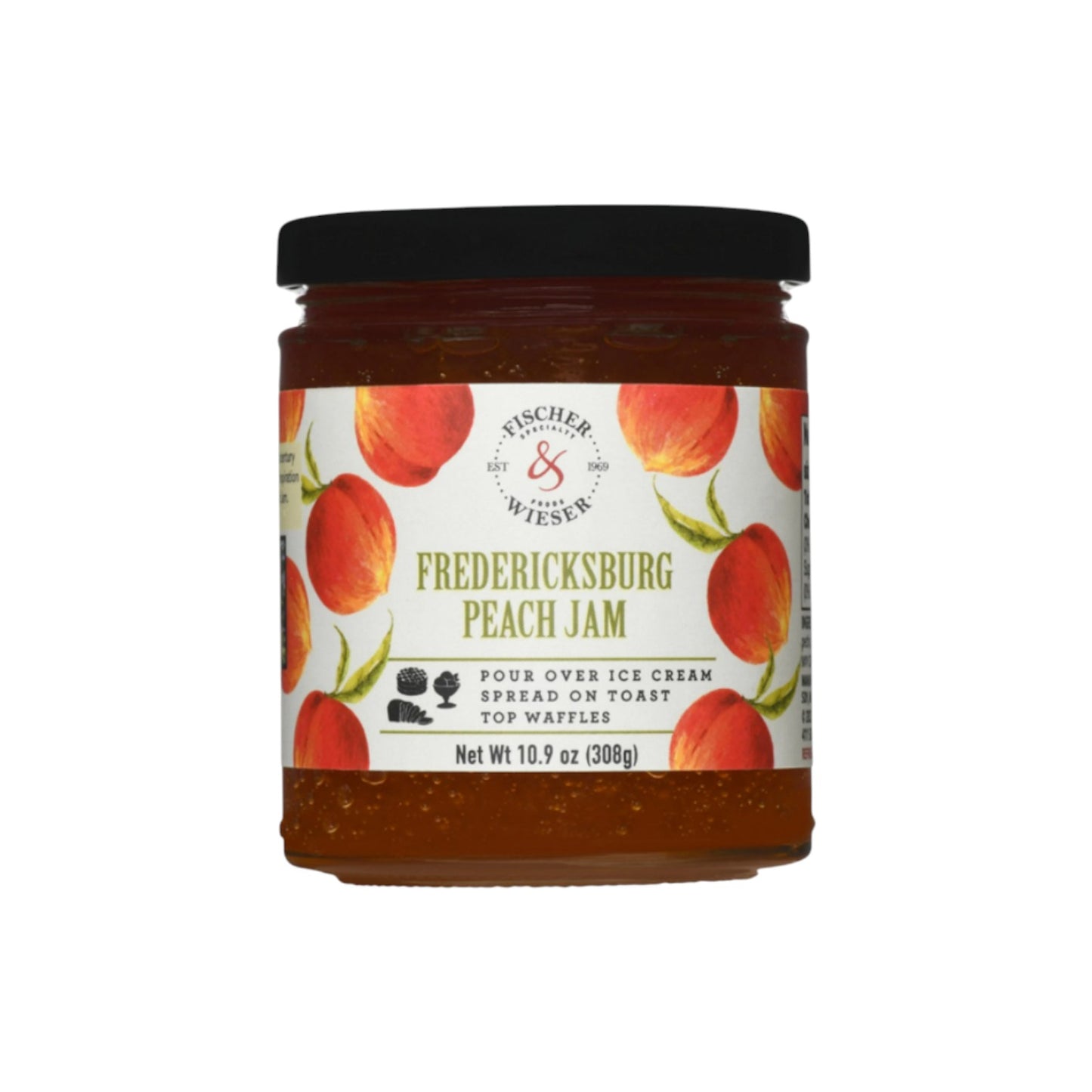 Jar of Fischer & Wieser Fredericksburg Peach Jam with a peach-illustrated label and black lid, containing amber-colored jam, photographed on a white background