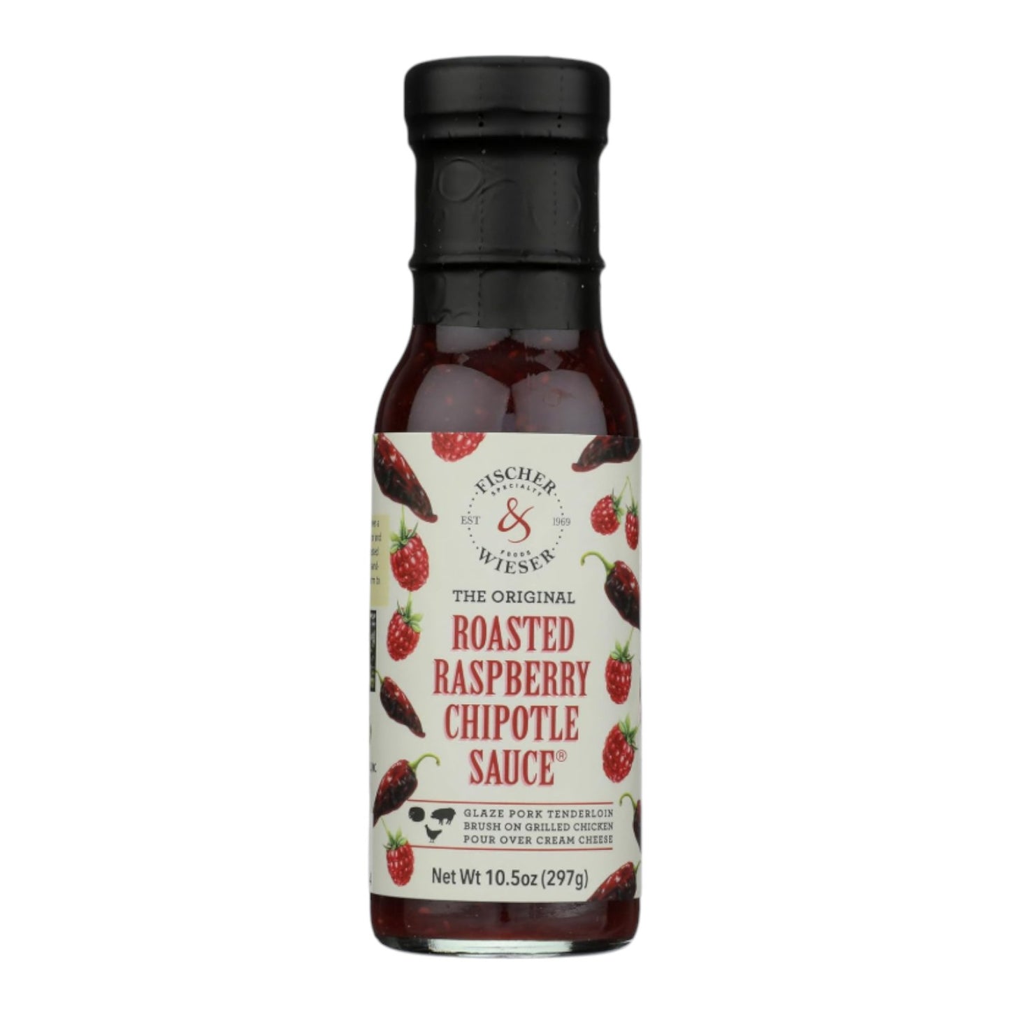 Bottle of Fischer & Wieser roasted raspberry chipotle sauce with illustrated raspberries and chipotle peppers on the label