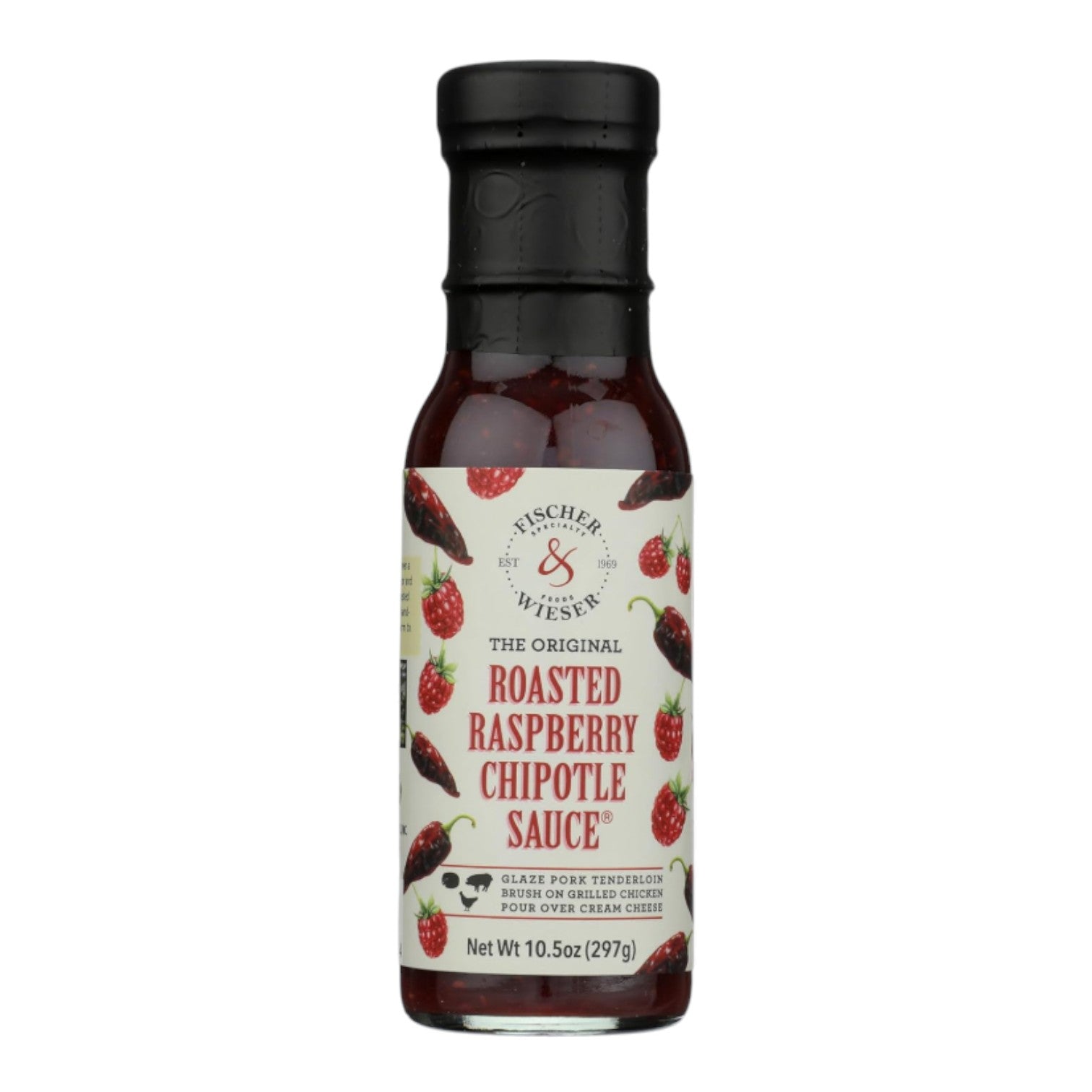 Bottle of Fischer & Wieser roasted raspberry chipotle sauce with illustrated raspberries and chipotle peppers on the label