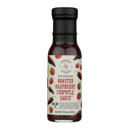 Bottle of Fischer & Wieser roasted raspberry chipotle sauce with illustrated raspberries and chipotle peppers on the label