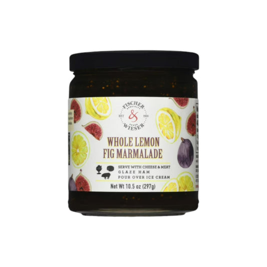 Jar of Fischer & Wieser Whole Lemon Fig Marmalade with a black lid and illustrated label featuring lemons and figs, filled with dark marmalade, photographed on a white background