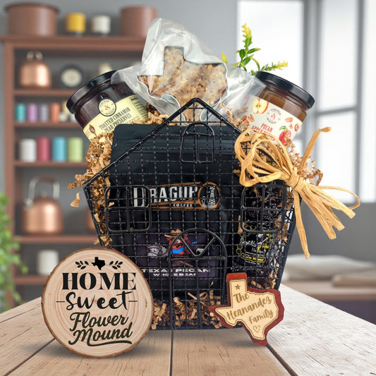 Flower Mound Comforts of Home gift basket with Texas-made treats and personalized keepsakes
