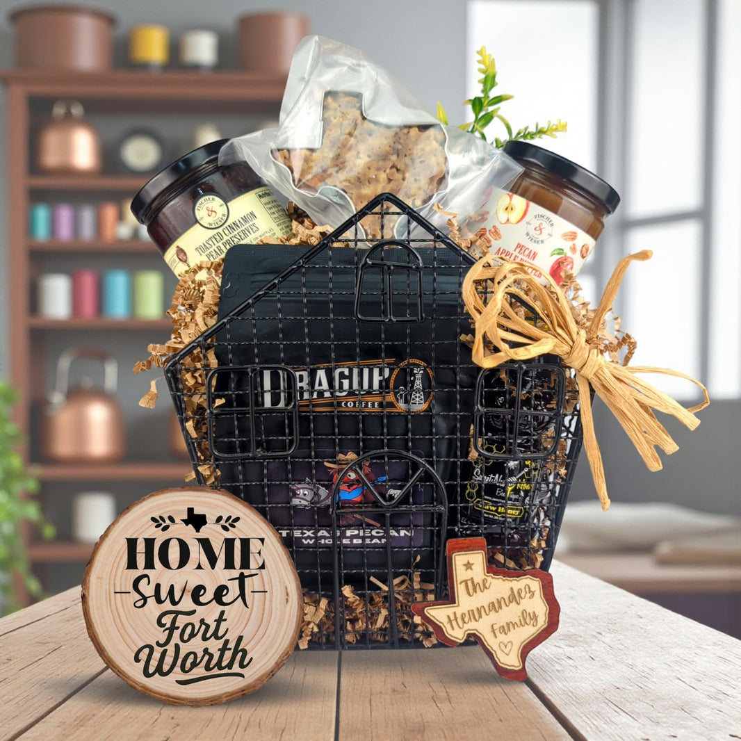 Fort Worth Welcome Home Collection gift basket with Texas-made treats and personalized keepsakes