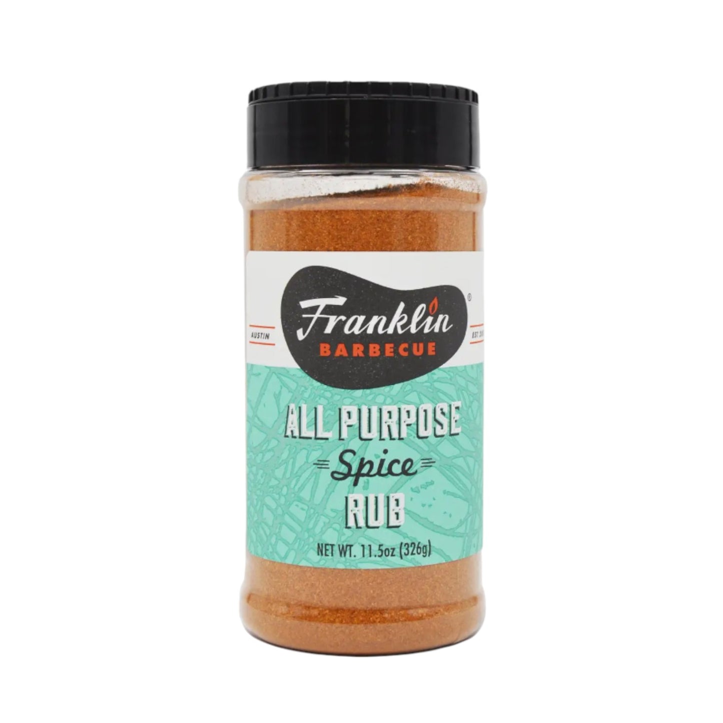 Bottle of Franklin Barbecue All Purpose Spice Rub with a black lid and teal label, containing a reddish-brown seasoning blend, featuring the Franklin Barbecue logo and product details on a white background