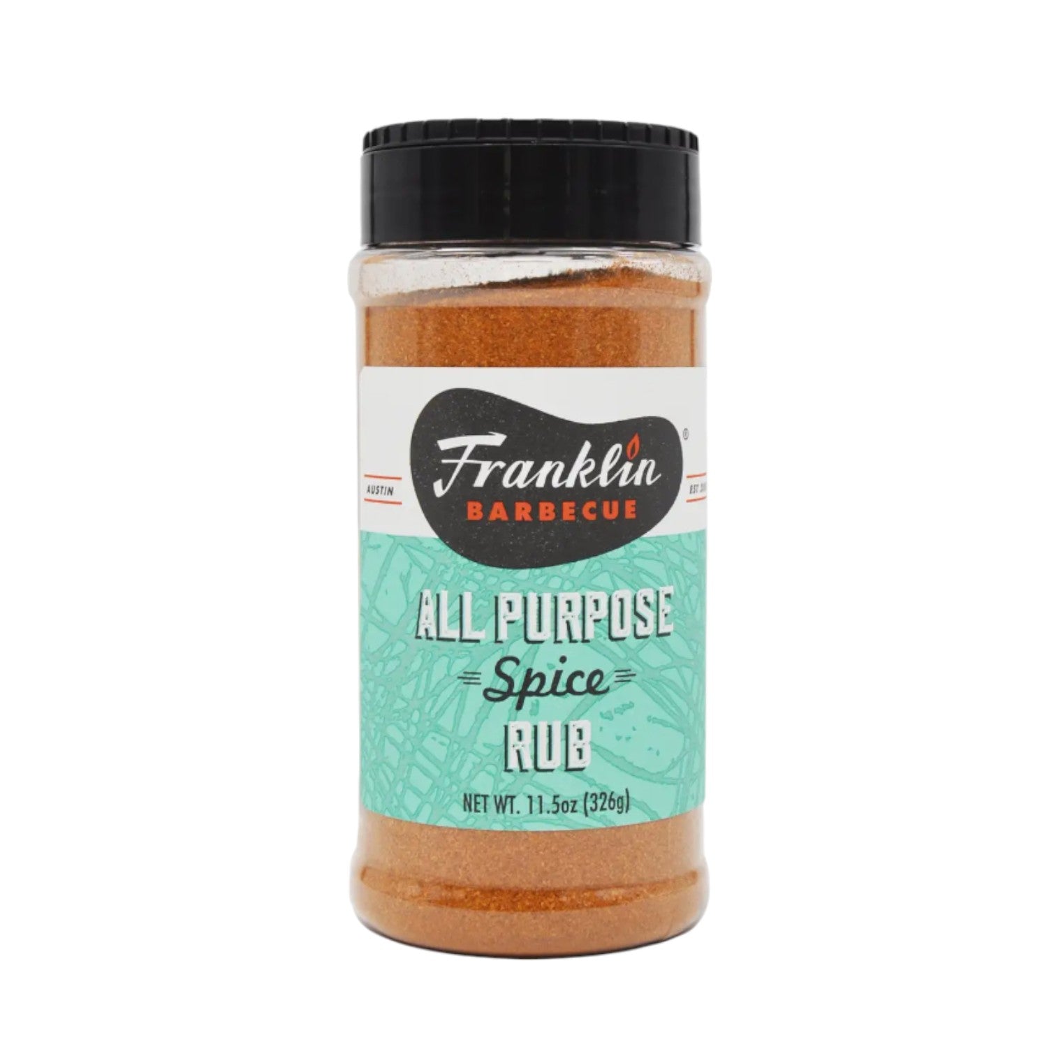 Bottle of Franklin Barbecue All Purpose Spice Rub with a black lid and teal label, containing a reddish-brown seasoning blend, featuring the Franklin Barbecue logo and product details on a white background