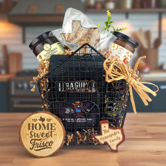 Frisco Cozy Home Collection gift basket with Texas-made treats and personalized keepsakes