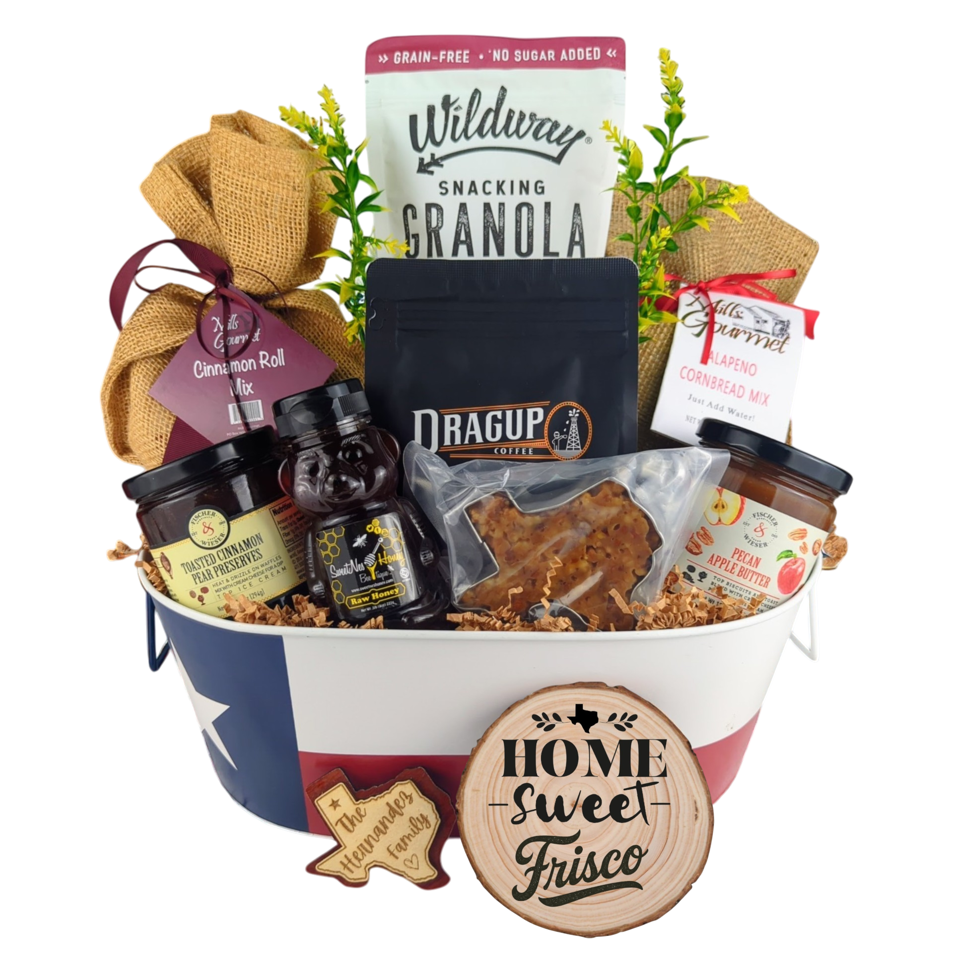 Frisco Morning Breakfast Basket on a white background, showcasing Texas Pecan Coffee, granola, cinnamon rolls, jalapeño cornbread mix, pecan apple butter, raw honey, and praline.